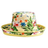 Breton Hats – 12 PCS Cotton Canvas w/ Tropical Flower Print - Yellow - HT-6529YL